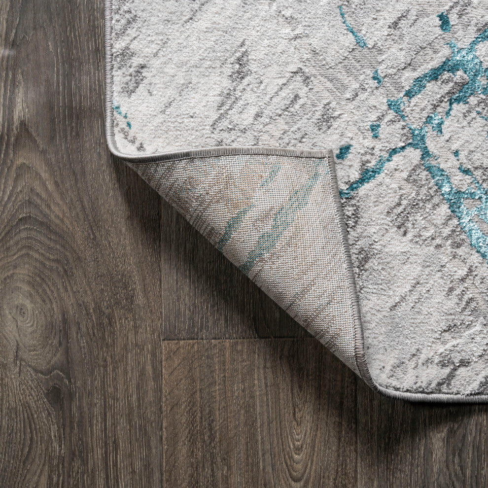 Slant Modern Abstract Area Rug, Gray/Turquoise, 8 X 10