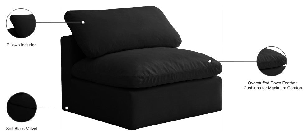 Plush Velvet / Down Standard Comfort Modular Chair, Black, Armless Chair