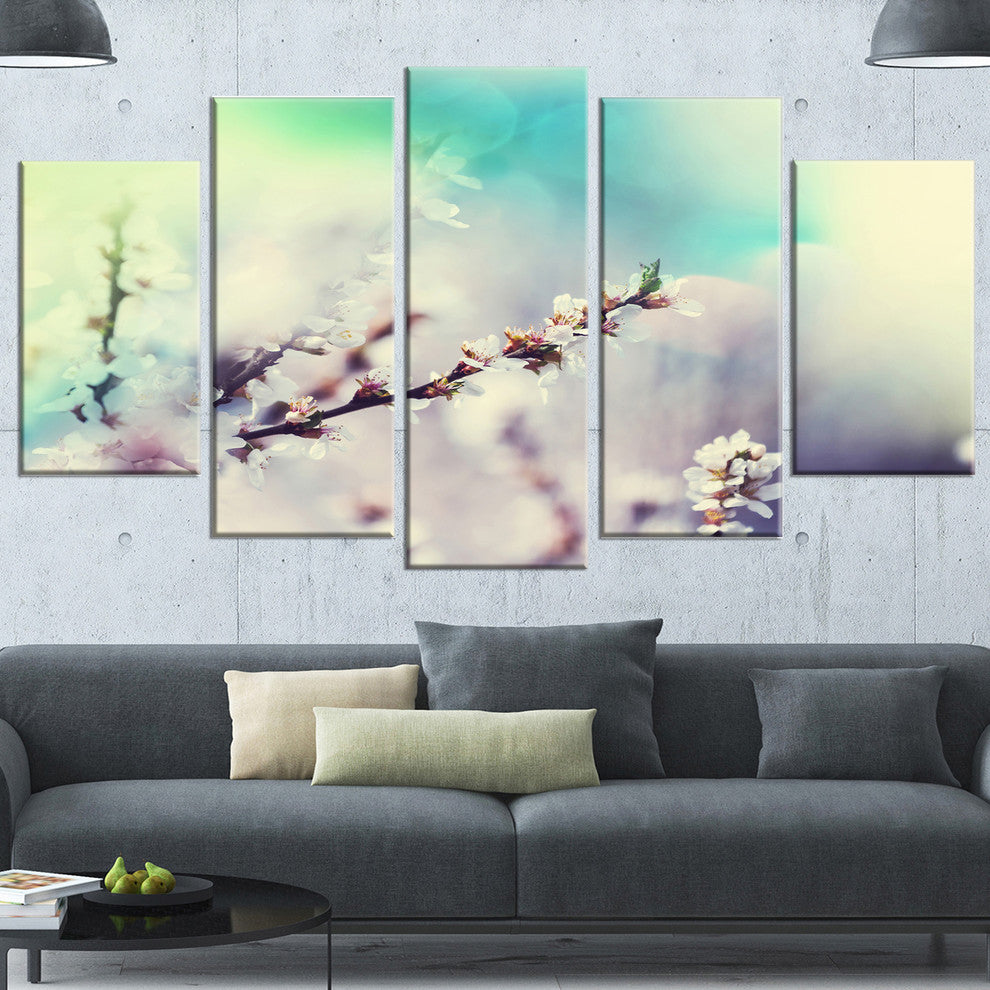 White Cherry Blossoming Flowers, Floral Canvas Art Print, 60"x32", 5 Panels