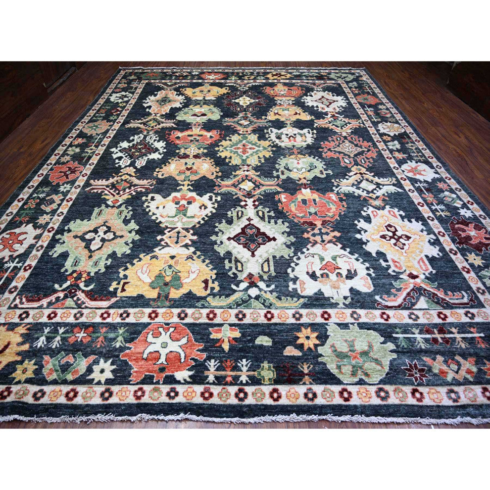 Black Wool Hand Knotted Afghan Angora Oushak Oversized Rug 11'9"x14'7"
