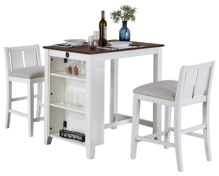 Graham 3-Piece Small Space Counter Height Dining Table, Shelves, 2 Chairs, White