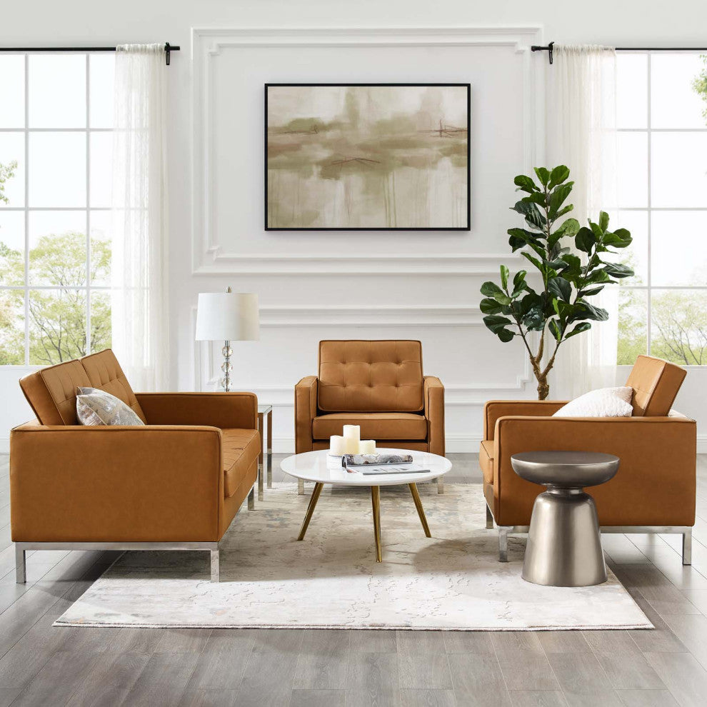 Tufted Armchair and Loveseat Sofa Set, Faux Leather, Silver Tan, Modern, Lounge
