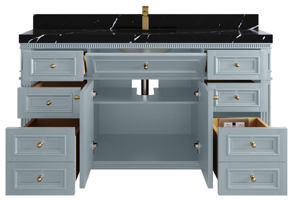 Paris 60" Single Sink Bathroom Vanity, Blue Heather 2" Calacatta Black