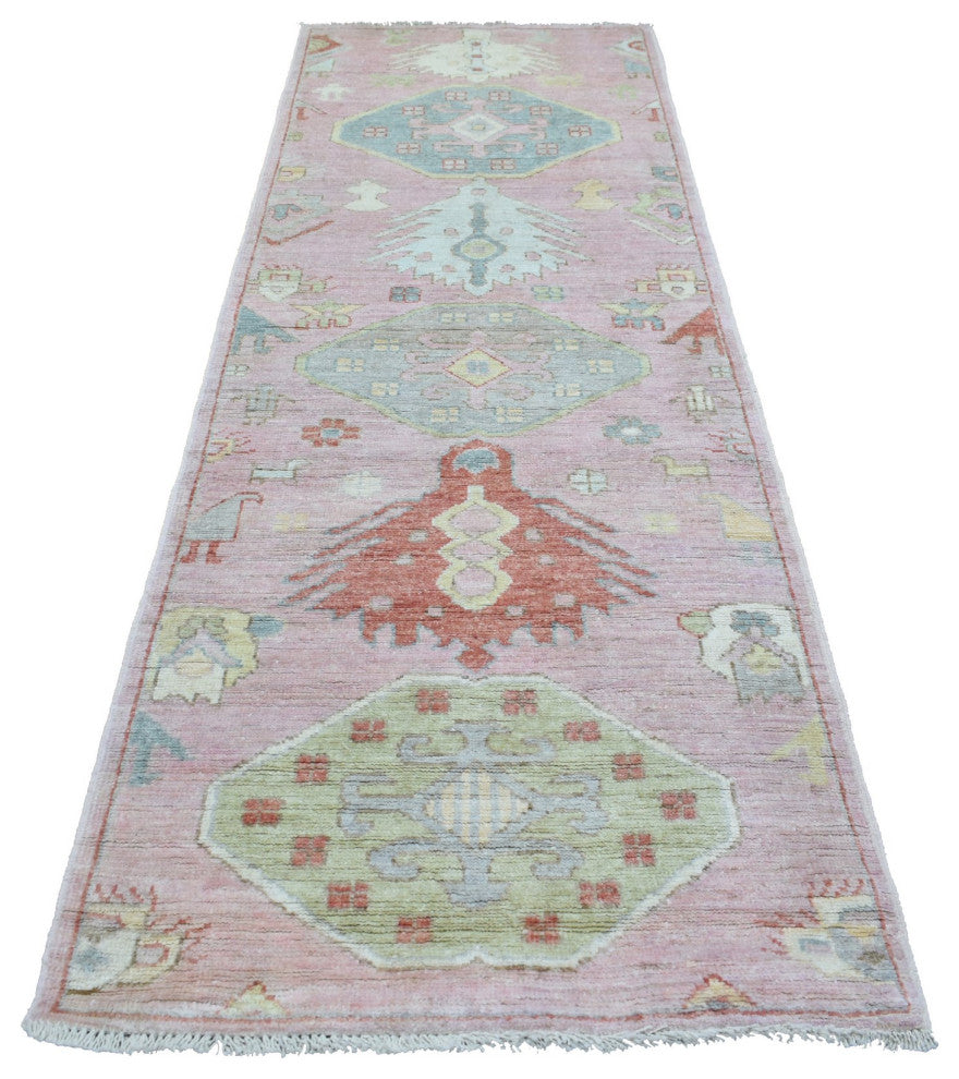 Anatolian Village Inspired Pure Wool Hand Knotted Pink Wide Runner Rug 3'4"x9'9"