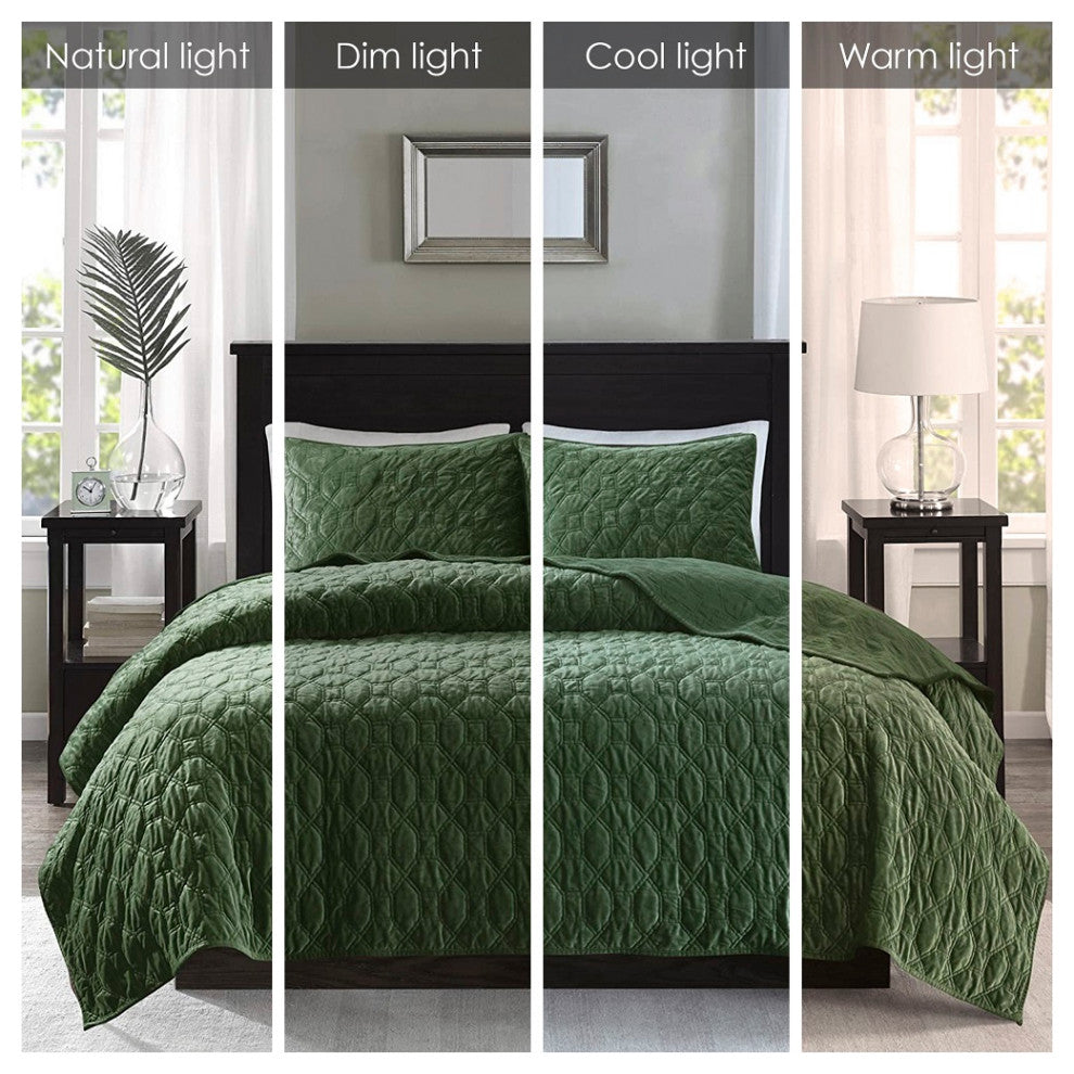 Madison Park Harper 3 Piece Velvet Quilt Set, Green