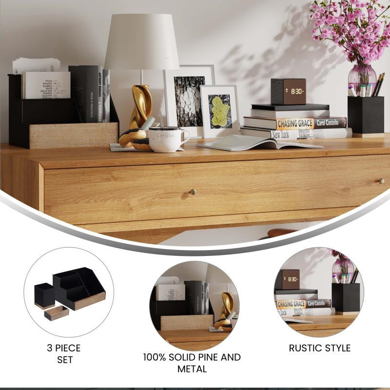Comerford 3 Piece Metal and Wood Organizer Set, Black