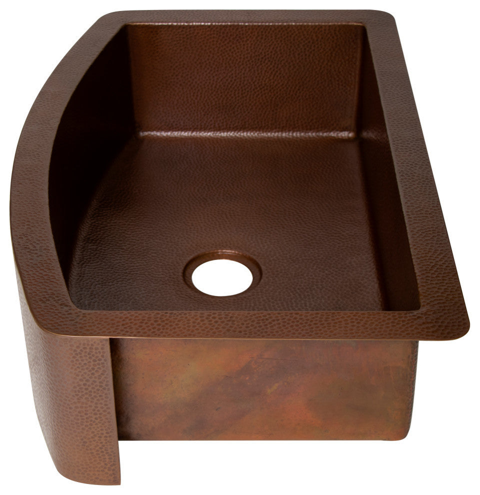 33" Farmhouse Single Bowl Round Apron Hammered Copper Kitchen Sink, 16 Gauge