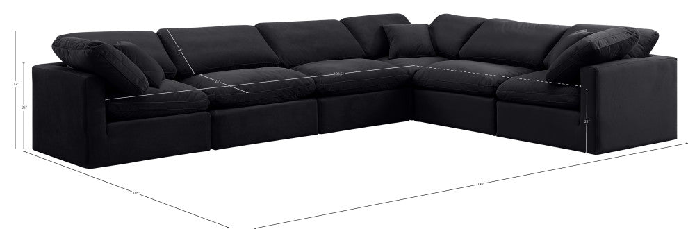 Indulge Upholstered Modular L-Shaped Sectional, Black, 6-Piece: 3 Armless Chair, 3 Corner Chair, Down Stuffed Velvet