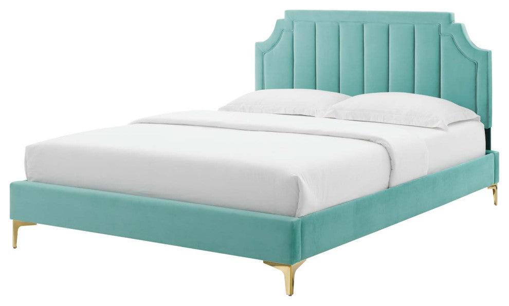 Platform Bed Frame, King Size, Velvet, Blue, Modern Contemporary, Bedroom Master