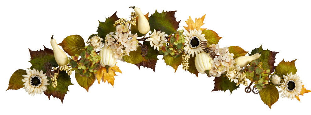 5' Fall Sunflower, Hydrangea and White Pumpkin Artificial Autumn Garland