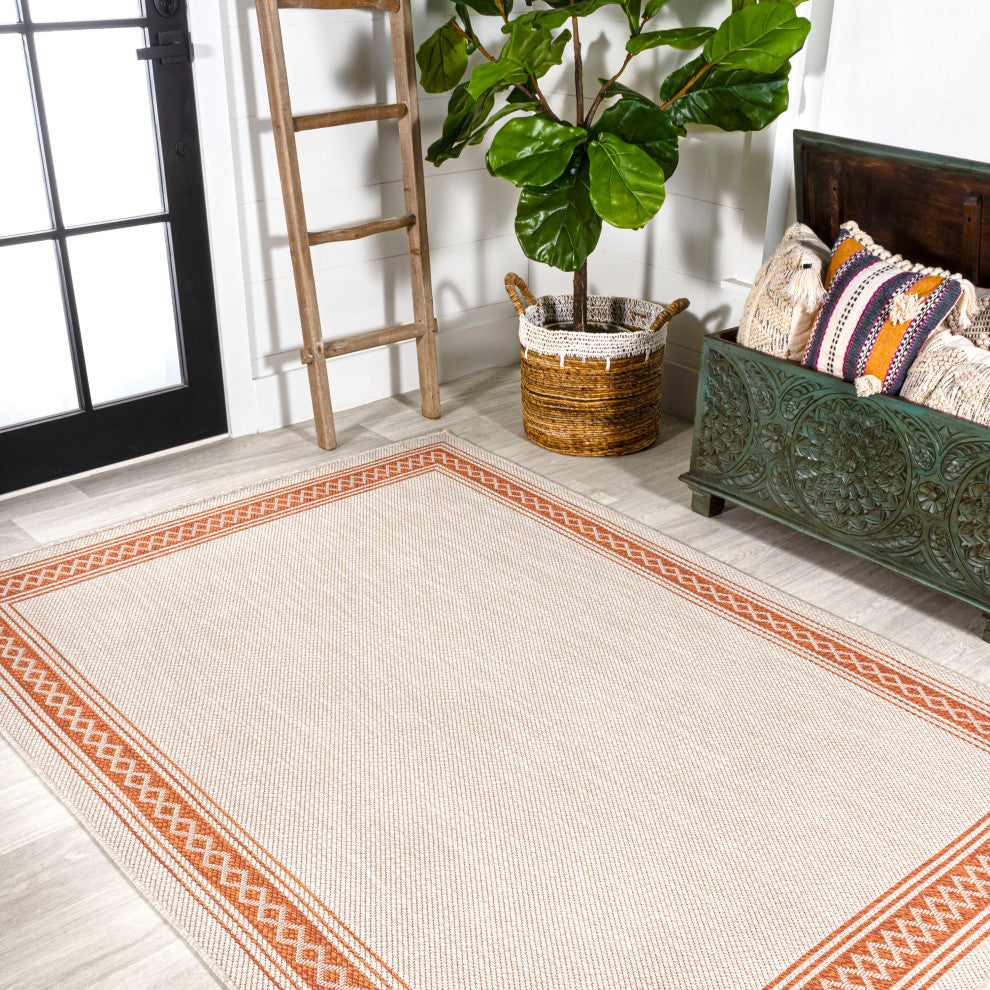 Lucia Classic Diamond Border Indoor/Outdoor Area Rug, Cream/Orange, 4x6