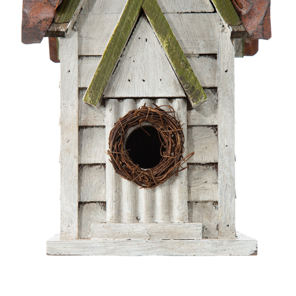 12"H Washed White Distressed Solid Wood Cottage Birdhouse