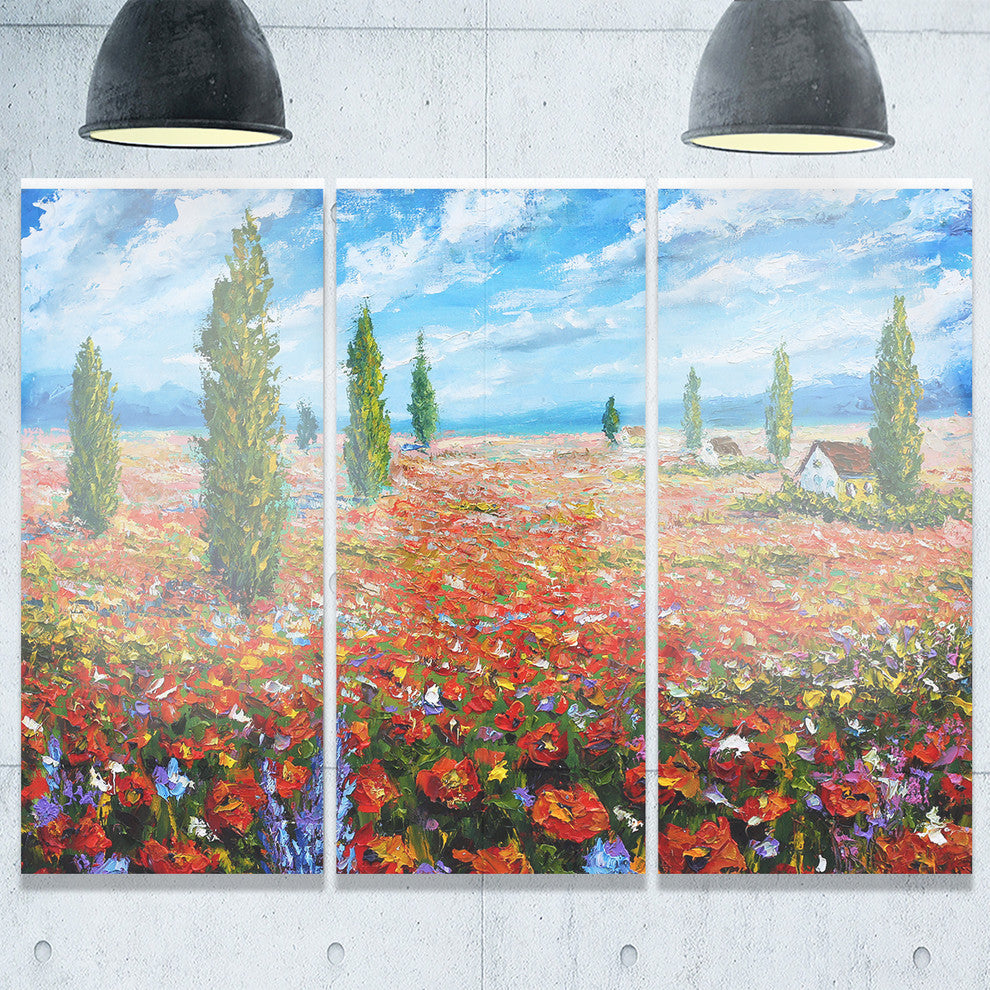 "Red Poppies Field Watercolor" Metal Wall Art, 3 Panels, 36"x28"
