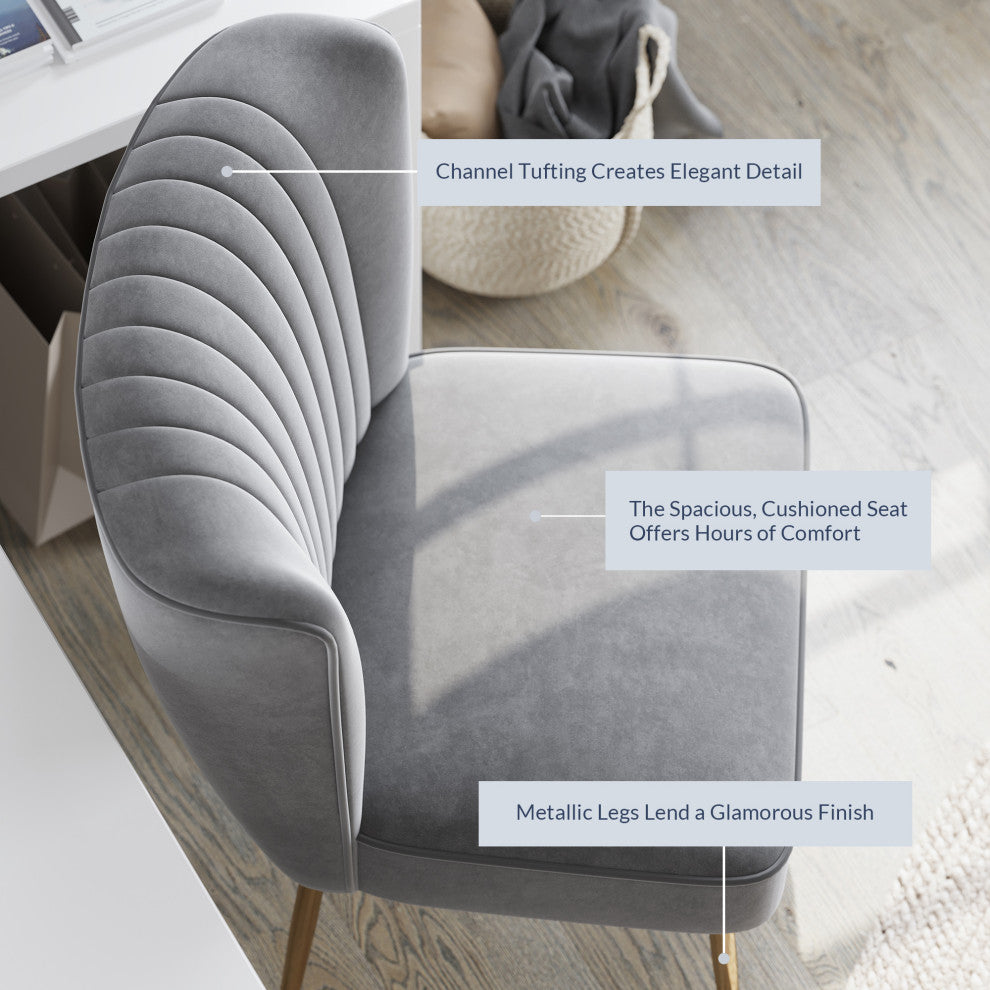 Modern Velvet Accent Chair With Metallic Legs And Channel Tufting, Gray