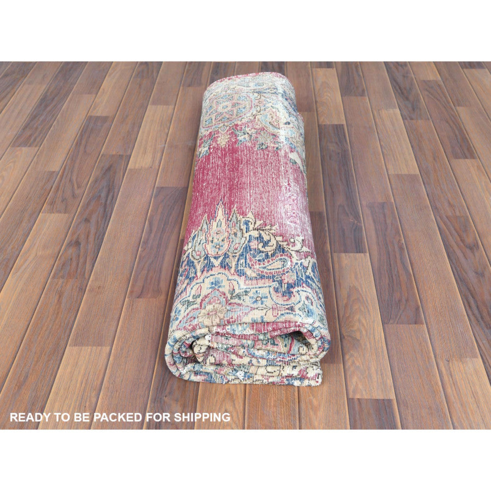 Vintage Persian Kerman, Worn Wool, Hand Knotted, Pink, Oriental Rug, 6'7" x 8'7"