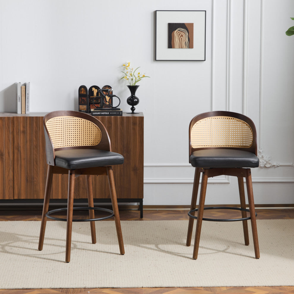 Crystal Rattan Backrest Cushioned Barstools, Set of 2, Dark Walnut/Black