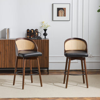 Crystal Rattan Backrest Cushioned Barstools, Set of 2, Dark Walnut/Black