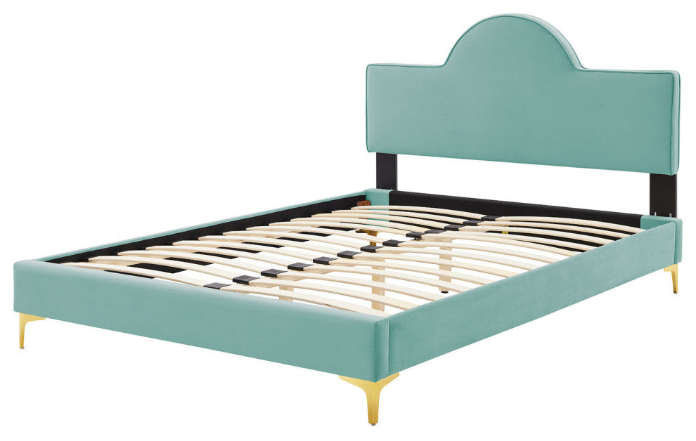 Platform Bed Frame, Queen Size, Blue, Velvet, Modern, Bedroom Guest Suite