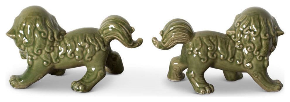 Green Porcelain Standing Chinese Foo Dog Set