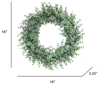 Full Frosted Green Artificial Eucalyptus Leaf Foliage Greenery Wreath 16"