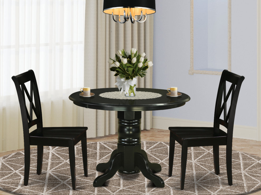3Pc Round 42 Inch Family Table And 2 Wood Seat Chairs