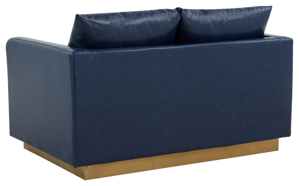 LeisureMod Nervo Modern Leather Loveseat With Gold Base, Navy Blue