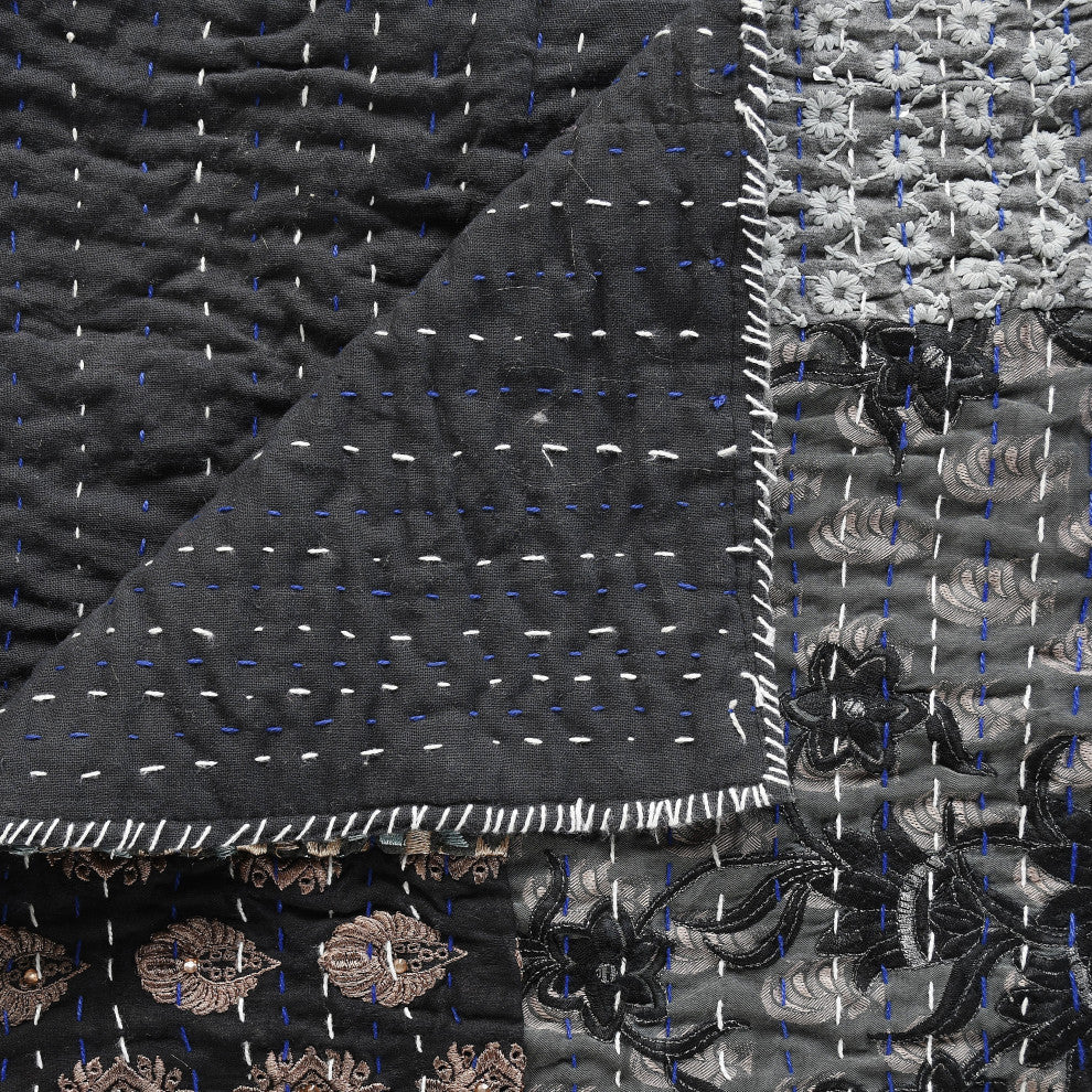 Gray Haze Quilted Boho Kantha Throw Blanket, 50" x 70"