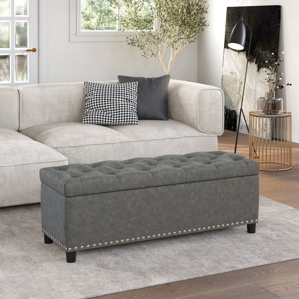 Rectangular Storage Fabric Ottoman, Tufted Footrest Lift Top, 47", Rustic Gray