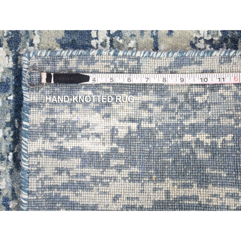 Hand Knotted Abstract Design Wool and Real Silk Denim Blue Runner Rug 2'7"x12'1"