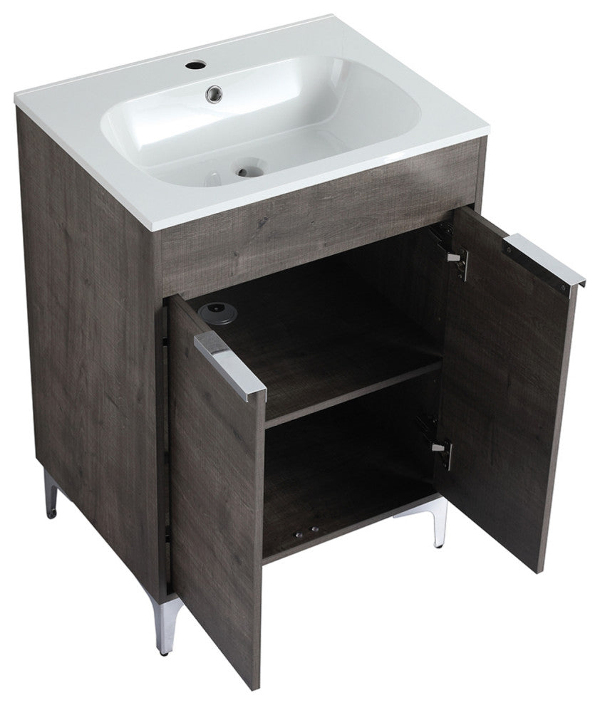 Single Vanity, Gray Oak Finish With Solid Surface Resin White Sink, 24"
