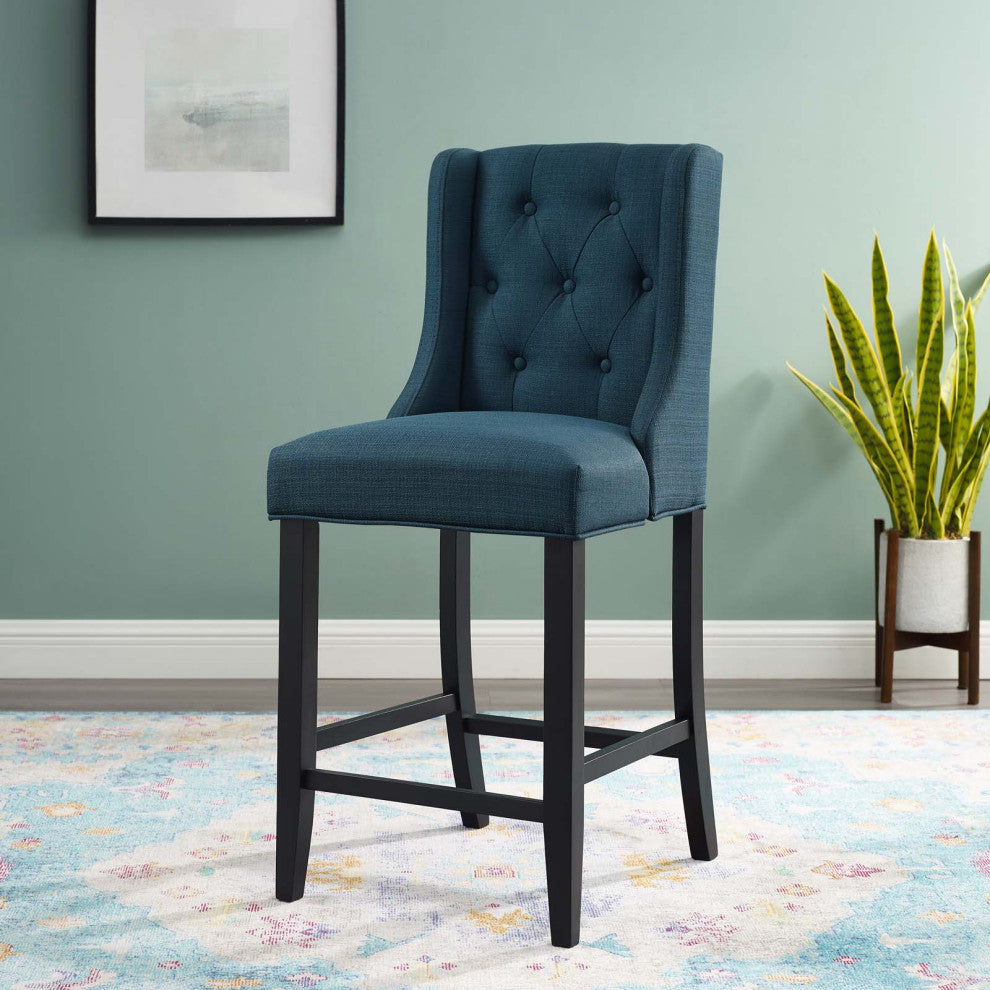 Tufted Counter Stool Chair, Fabric, Wood, Navy Blue, Modern, Bar Pub Cafe Bistro