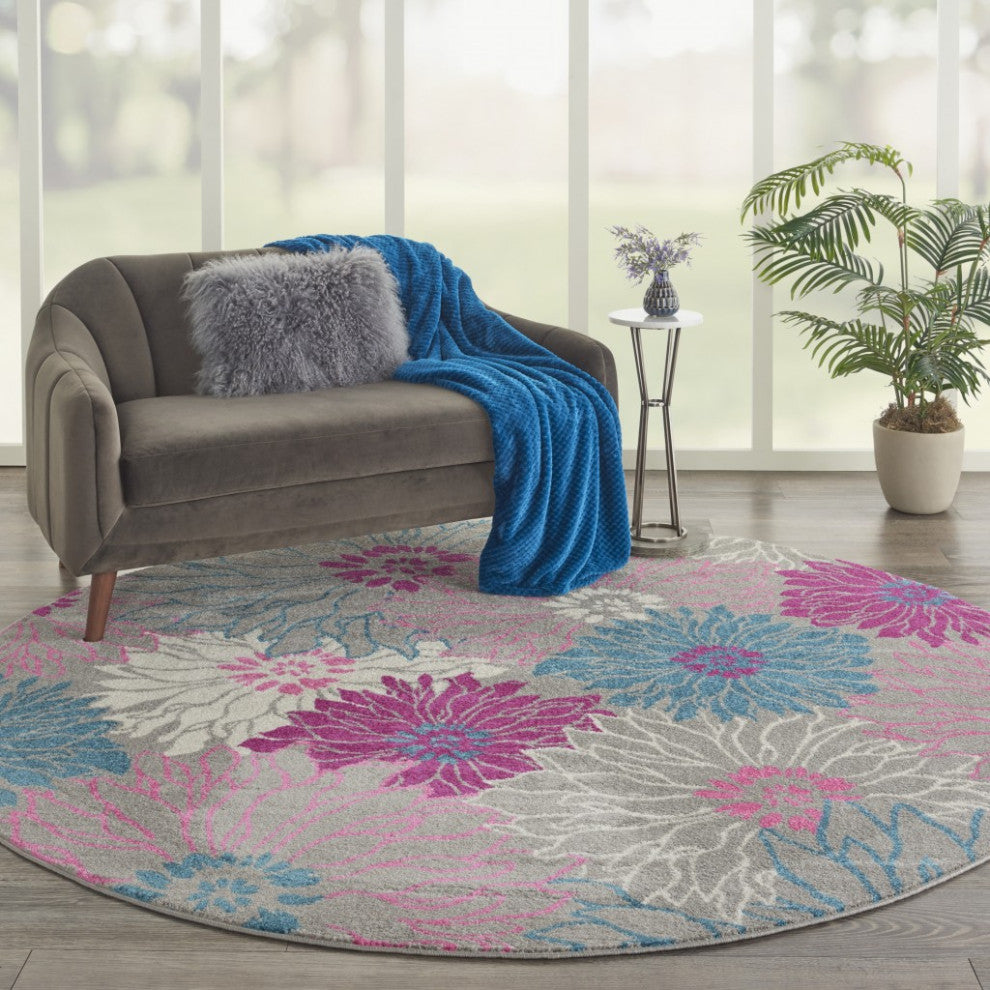 8 Round Gray and Pink Tropical Flower Area Rug