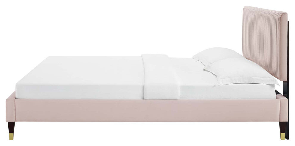Platform Bed Frame, Queen Size, Velvet, Pink, Modern Contemporary, Bedroom
