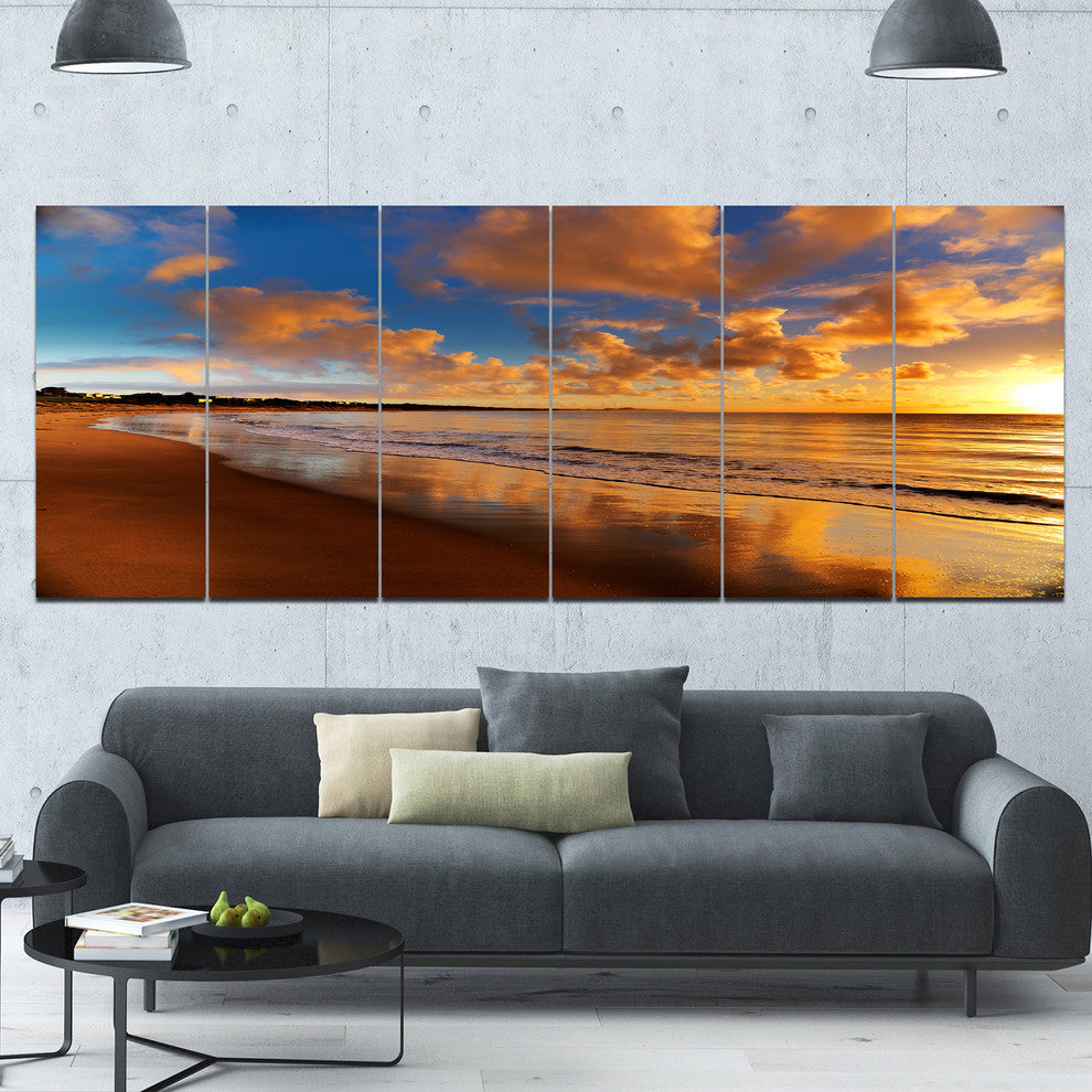 Colorful Sunset on the Beach, Landscape Canvas Art Print, 70"x28", 6 Panels