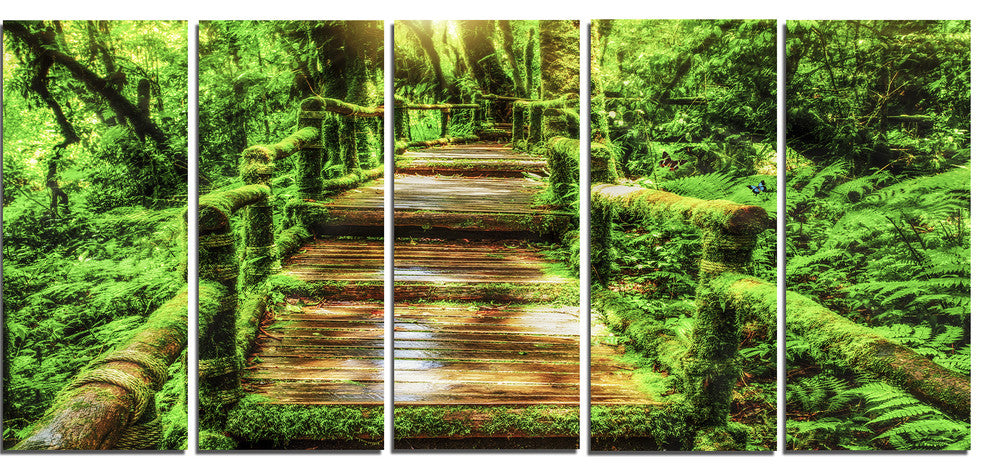 "Moss around Wooden Walkway in Rain" Canvas Photo Print, 5 Panels, 60"x28"