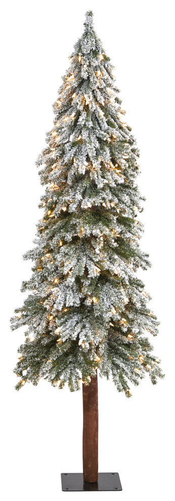 6' Flocked Grand Alpine Faux Xmas Tree W/Lights & Natural Trunk