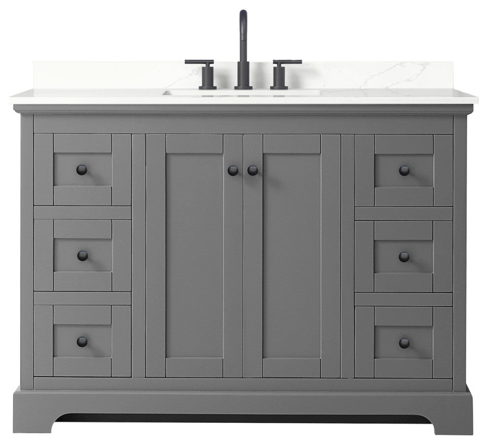 Avery 48" Dark Gray Single Vanity, Giotto Quartz Top (3-Hole), Black Trim