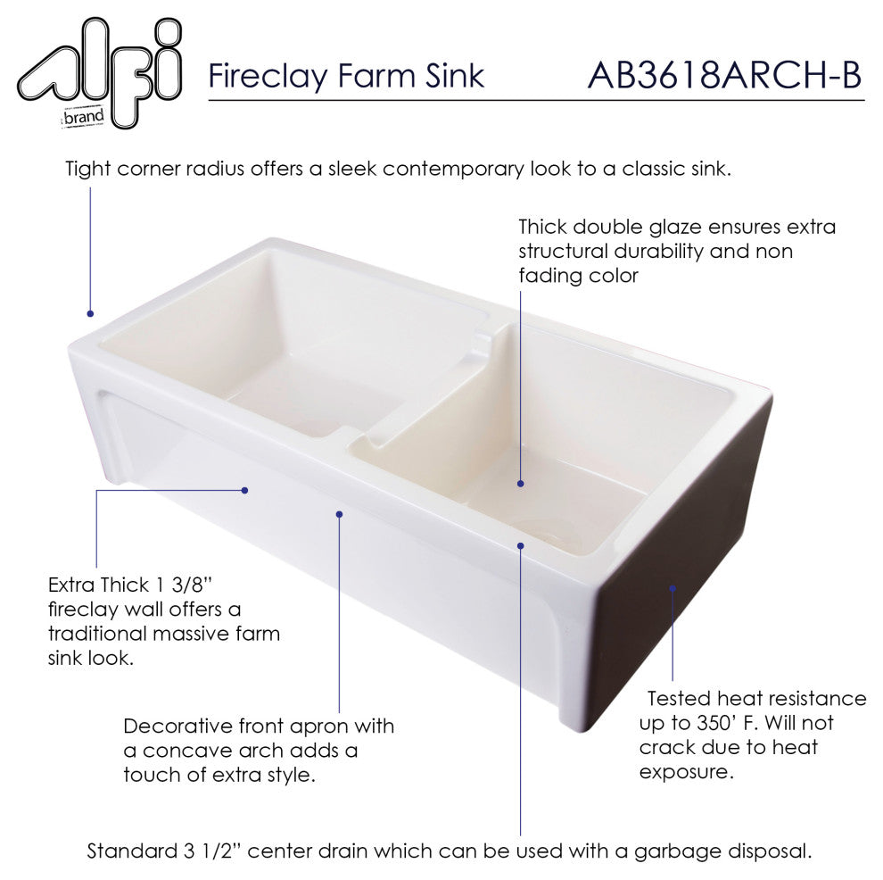 36" Biscuit Arched Apron Thick Wall Fireclay Double Bowl Farm Sink