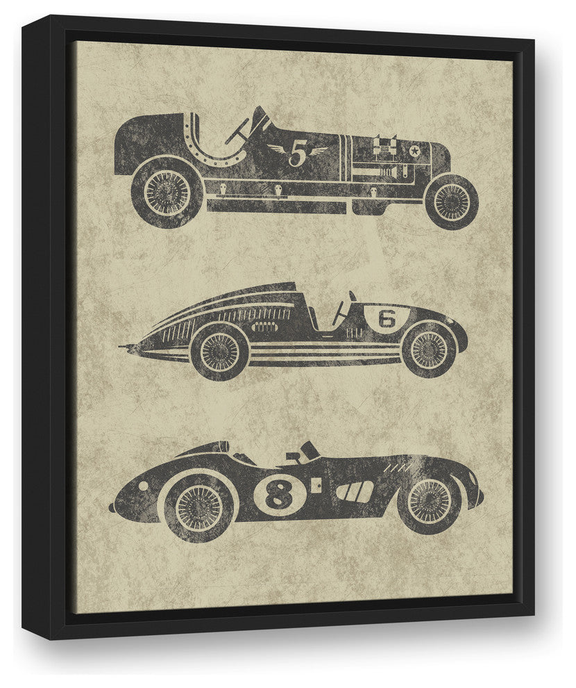 Vintage Race Cars 16x20 Black Floating Framed Canvas