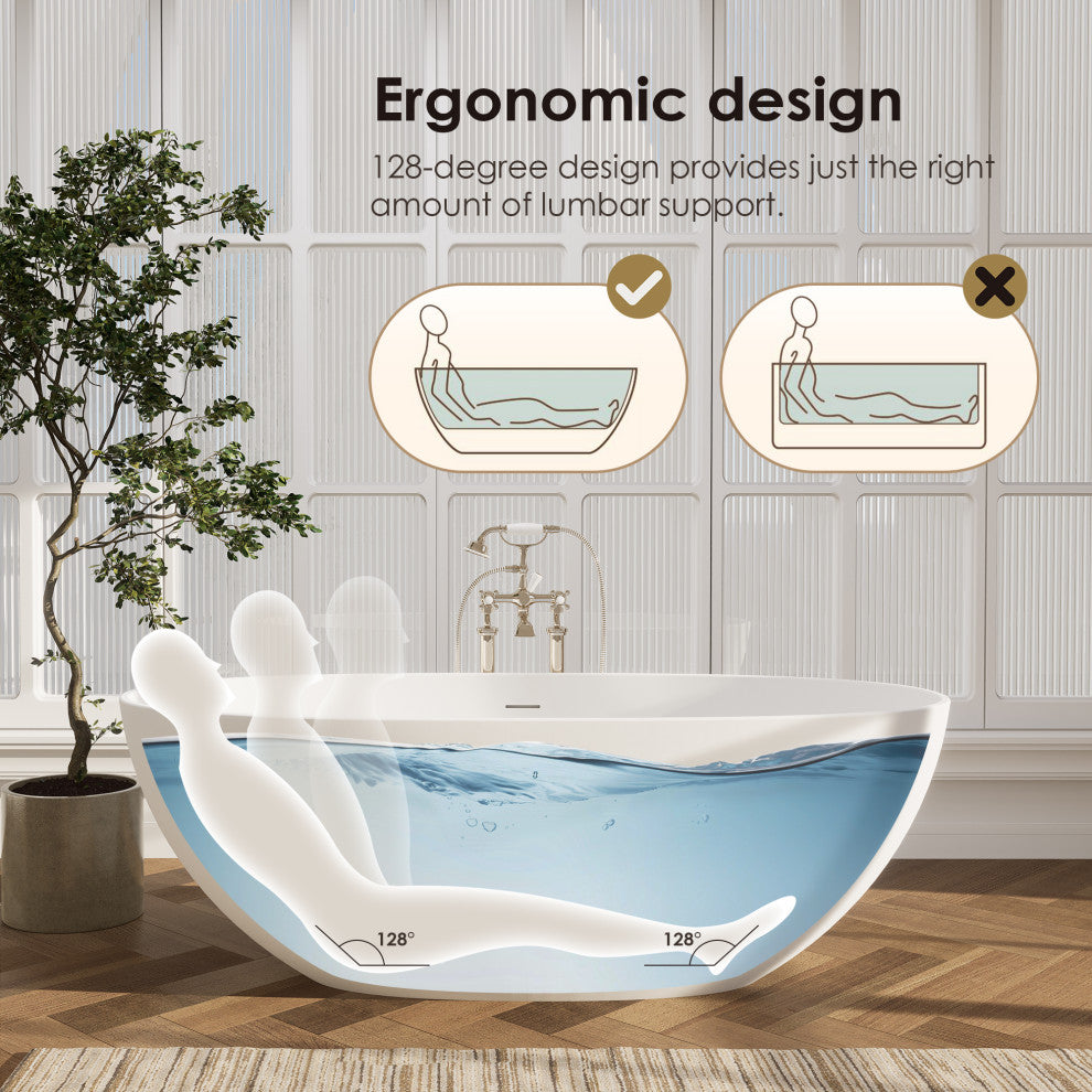 Euston Flatbottom Freestanding Solid Surface Soaking Bathtub, Matte White, 65inch