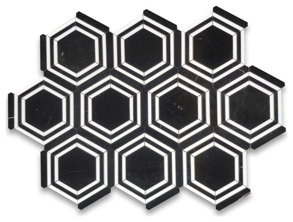 Nero Marquina Thassos Marble Hexagon Georama Geometric Tile Polished, 1 sheet