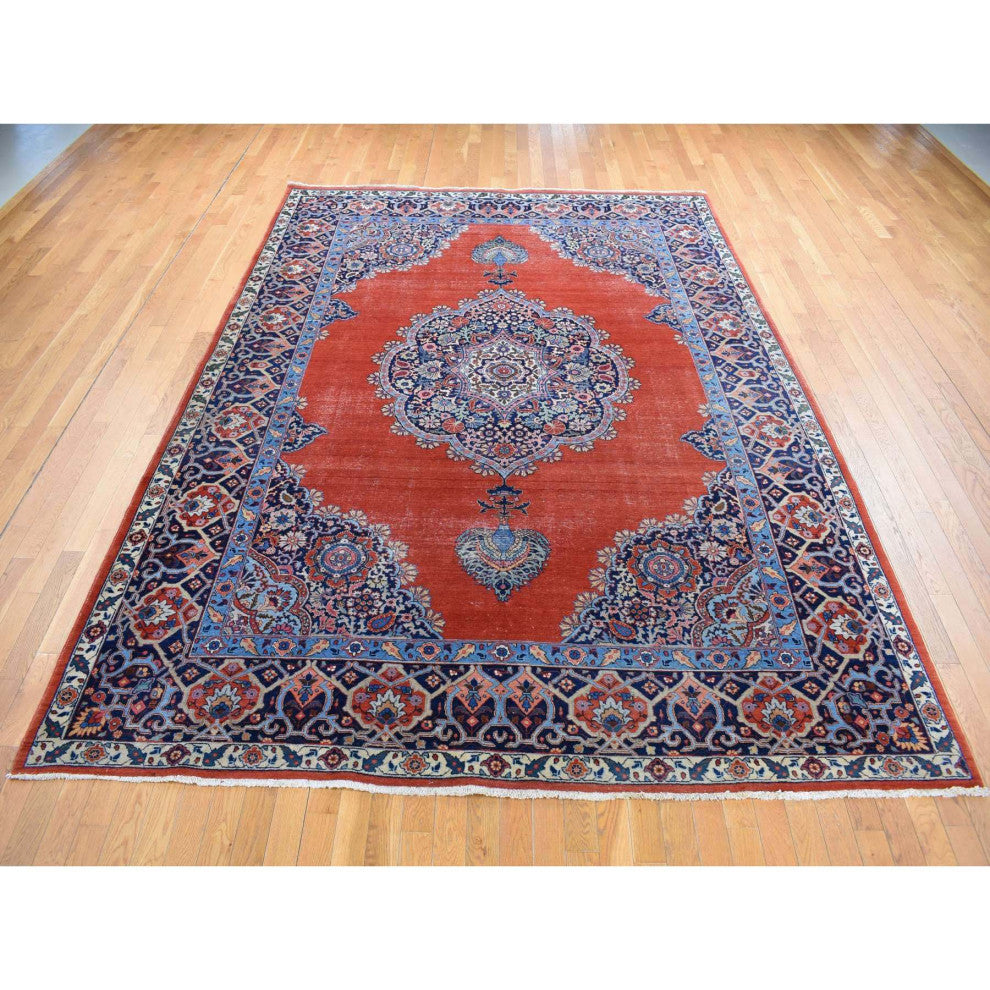 Orange Antique Persian Tabriz Medallion Design Hand Knotted Wool Rug 8'8"x12'
