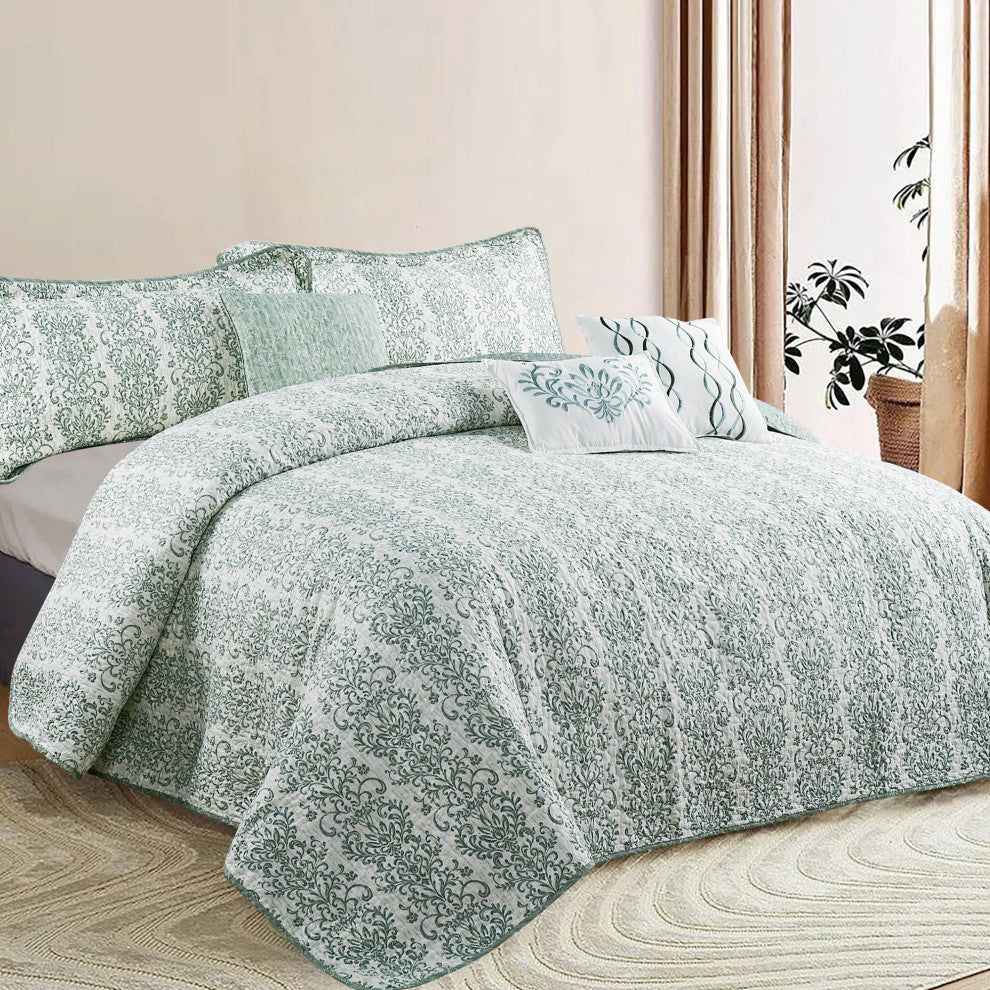 Mayfair 6 Piece Quilted Printed Bed Spread, Mint Green/Lime/Mint, Queen