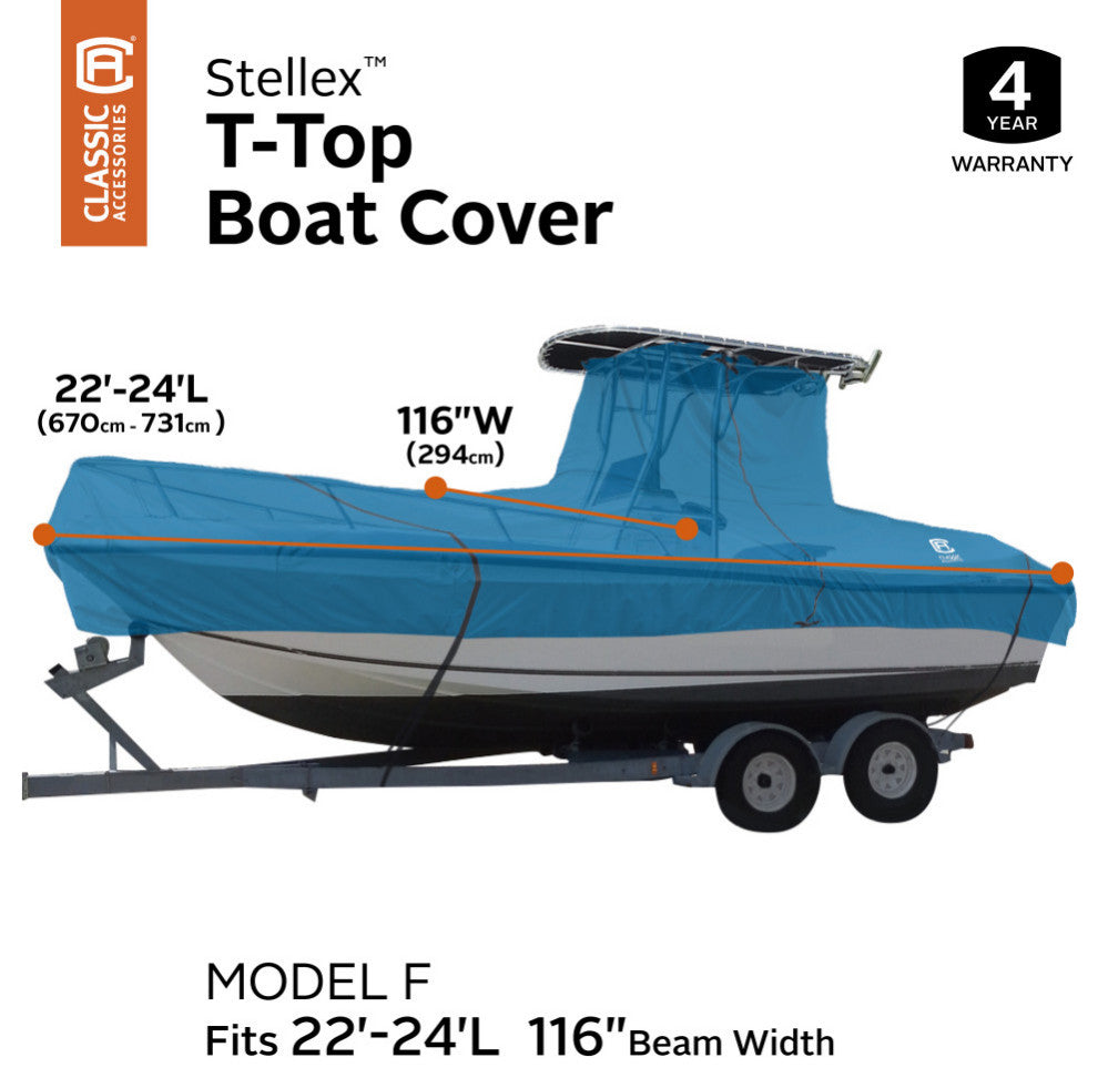 Center Console Style Boat With T-Top Roof, 22'-24'L, 116" Beam W, Model F