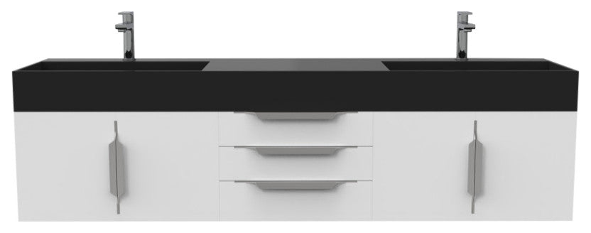 CastelloUSA Amazon 72" Wall Mounted Vanity Set, White, Black Top, Chrome Handles