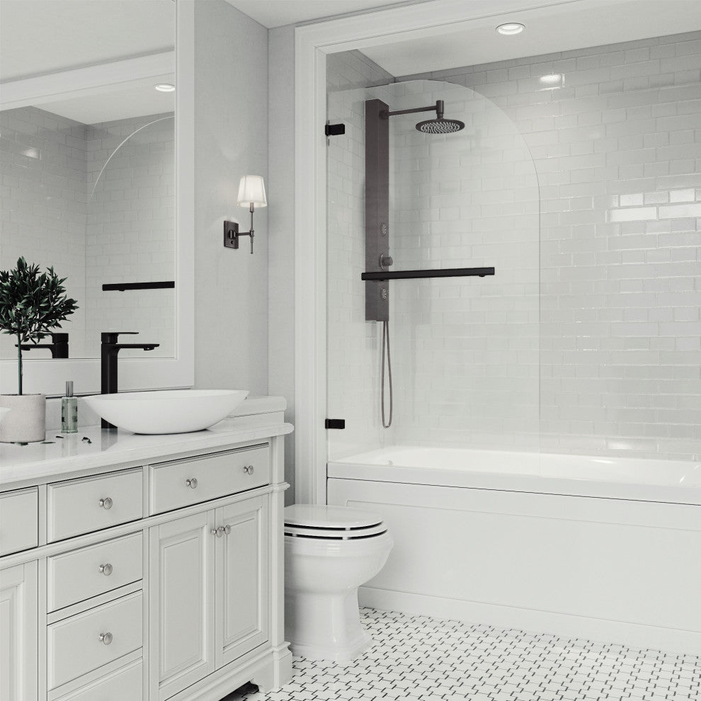 VIGO Orion 34" W x 58" H Frameless Hinged Tub Door, Matte Black, Clear Glass