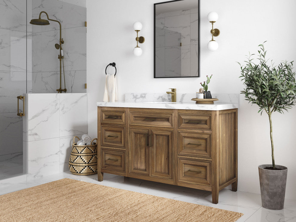 Santa Monica 60 Single Sink Bathroom Vanity in Graywashed Teak 2" Carrara Quartz