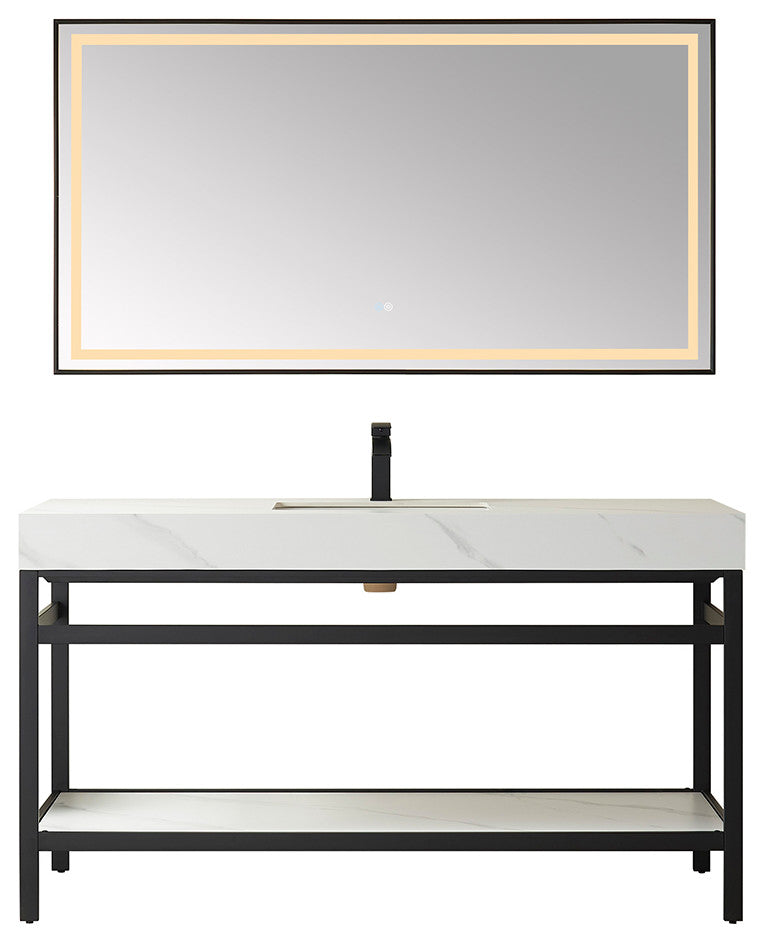 Funes Bath Vanity with Mirror, Matte Black Support, 60'' Single Sink, White Stone Top