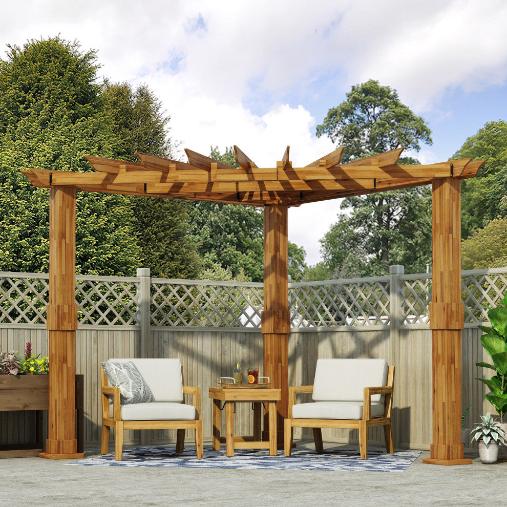 Cardan Outdoor Acacia Wood Triangle Pergola, Teak and Black
