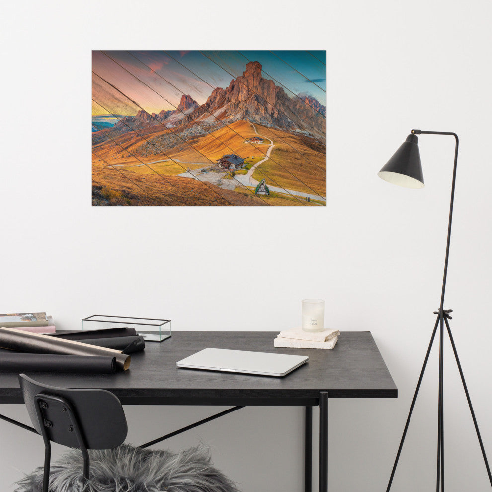 Faux Wood Majestic Sunset & Alpine Mountain Landscape Photo Wall Art Print, 24" X 36"